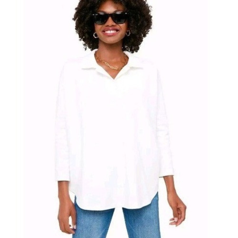 Pomander Place Tuckernuck Cotton Collared V-Neck Oversized Shirt White Medium
